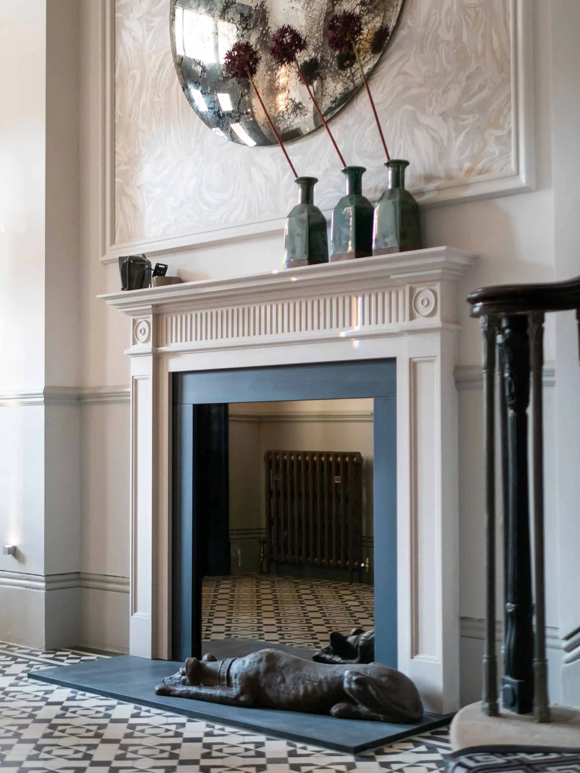 Traditional fireplace design reimagined with modern decorative styling.