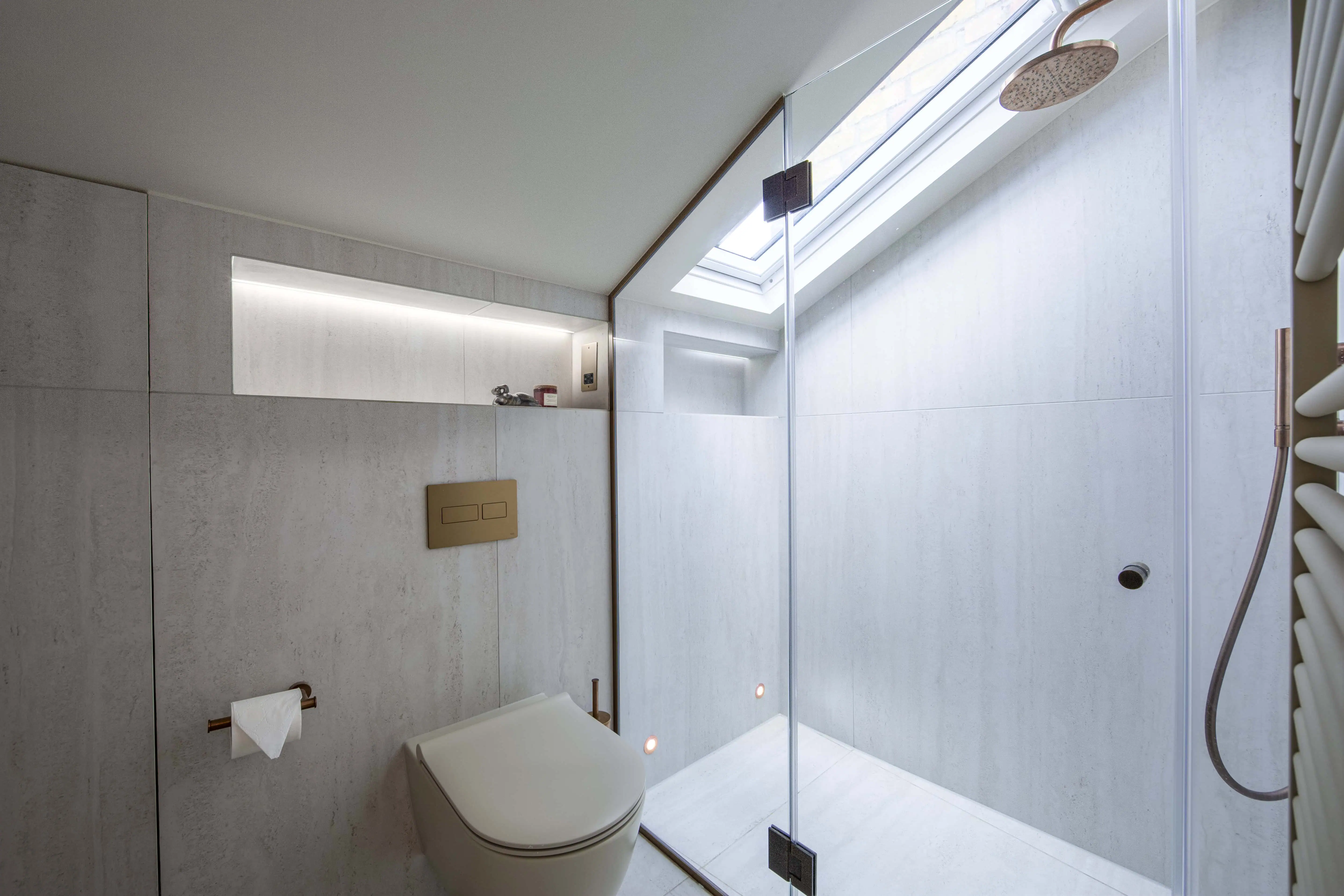 Loft shower room with glass enclosure in Victorian maisonette renovation, Primrose Hill