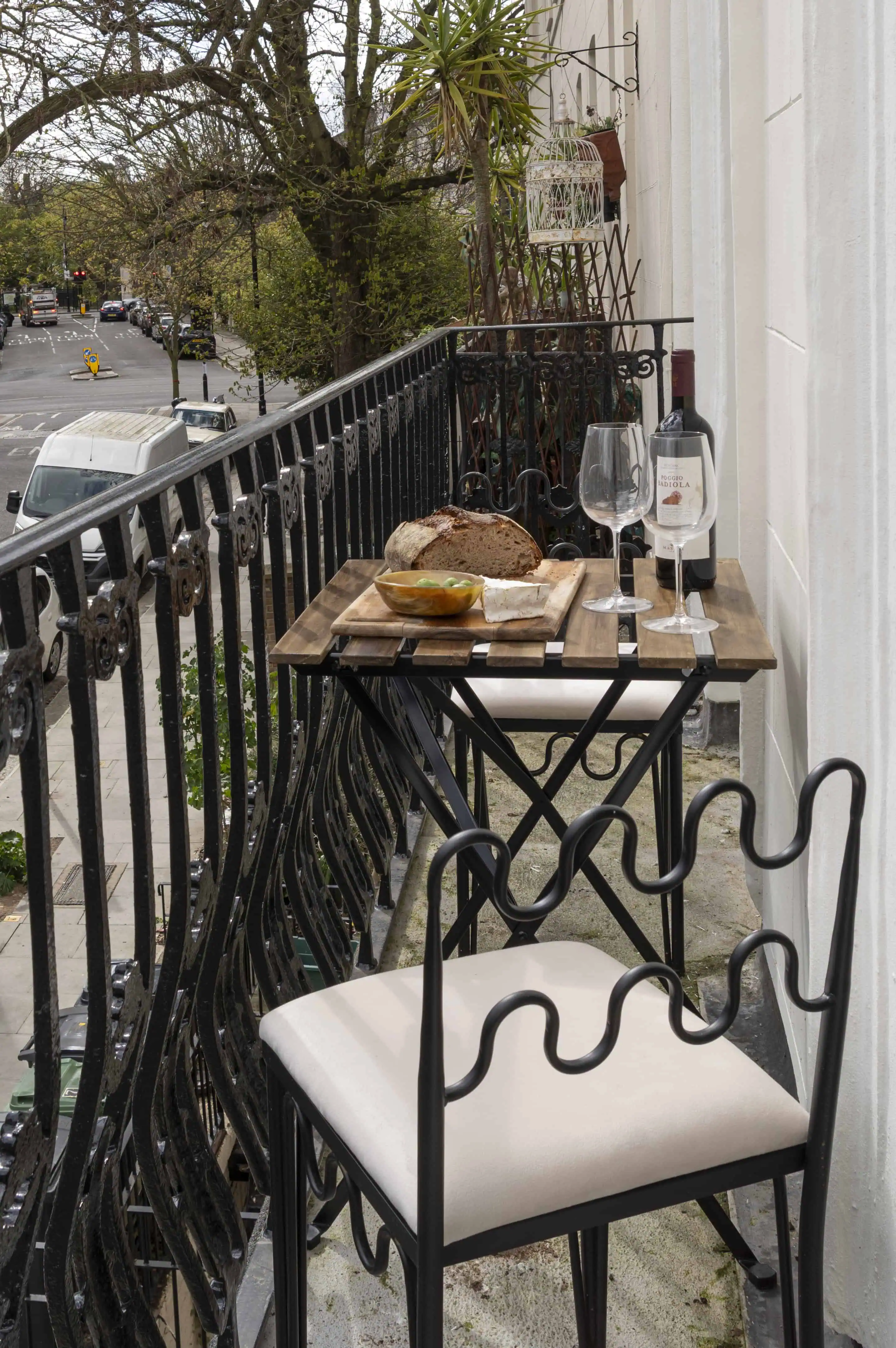 Balcony with cast iron railings in Victorian maisonette renovation, Primrose Hill