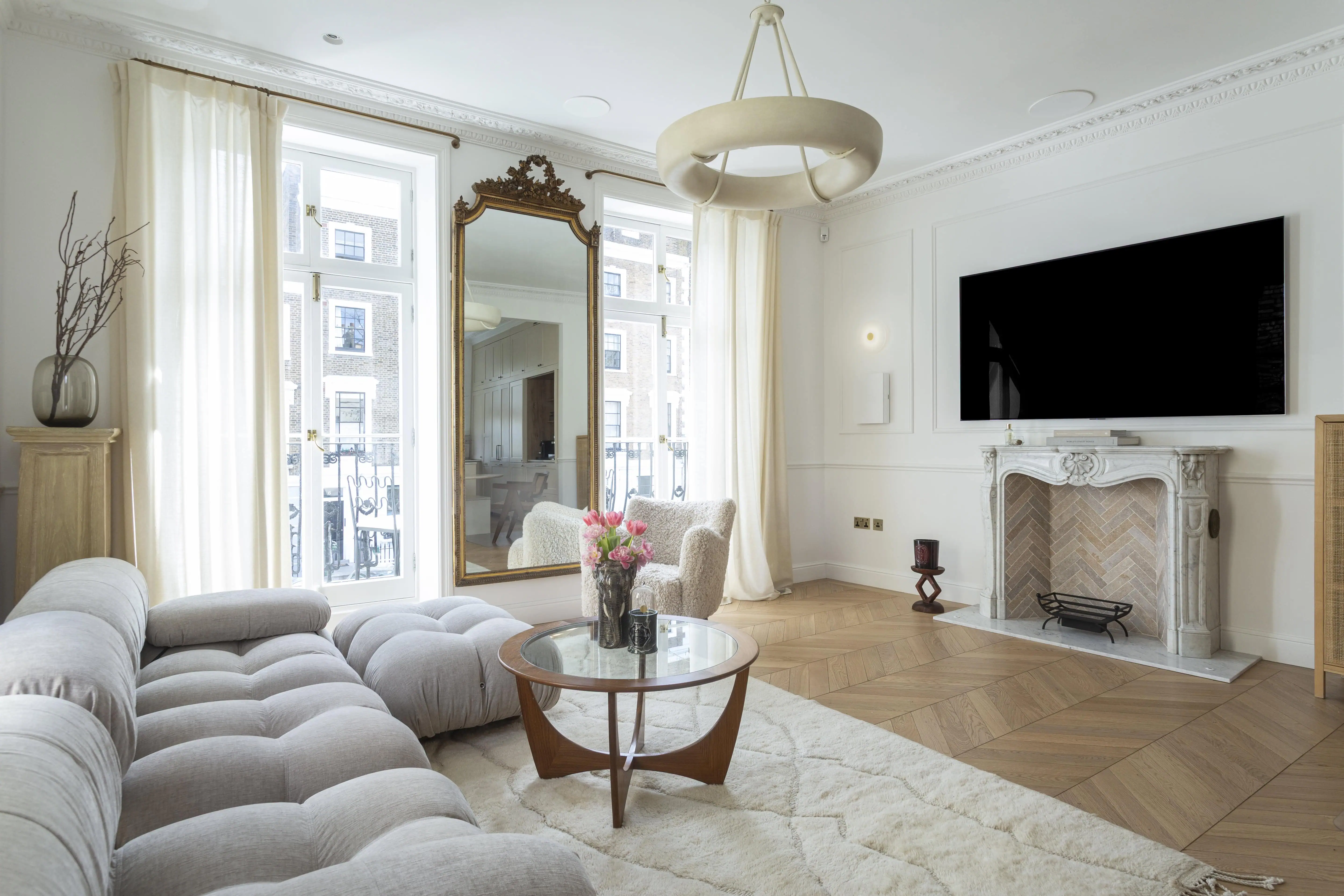 Living room with fireplace in Victorian maisonette renovation, Primrose Hill