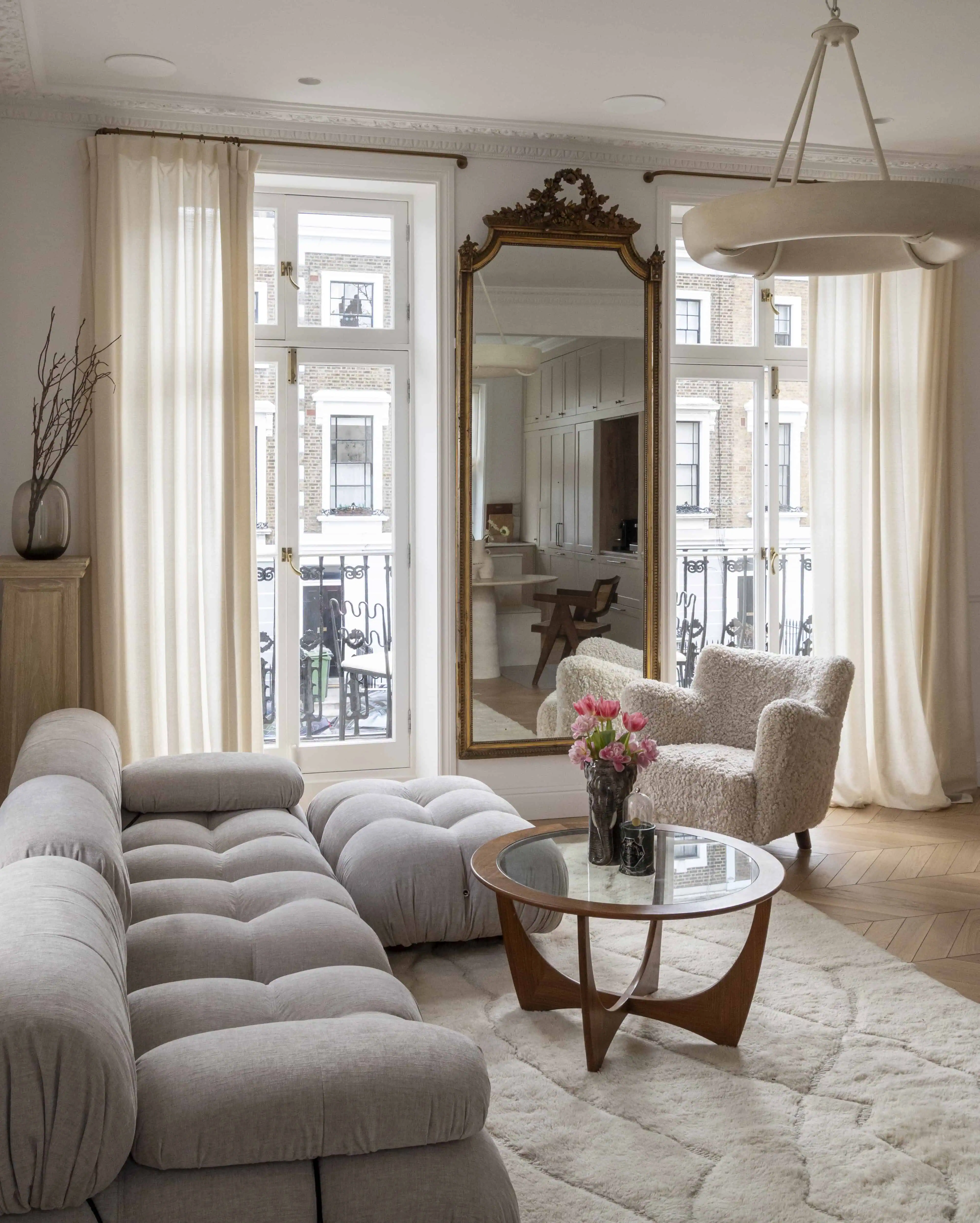 Living room with French windows in Victorian maisonette renovation, Primrose Hill