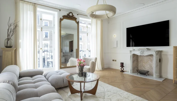 Living room with fireplace in Victorian maisonette renovation, Primrose Hill
